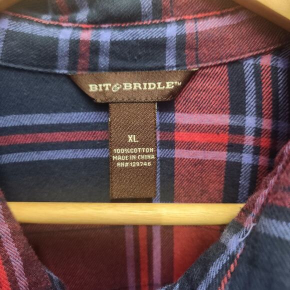 Bit & Bridle Western Shirt XL Plaid Snap Up Jeweled Collar Flannel Shirt - Picture 4 of 13
